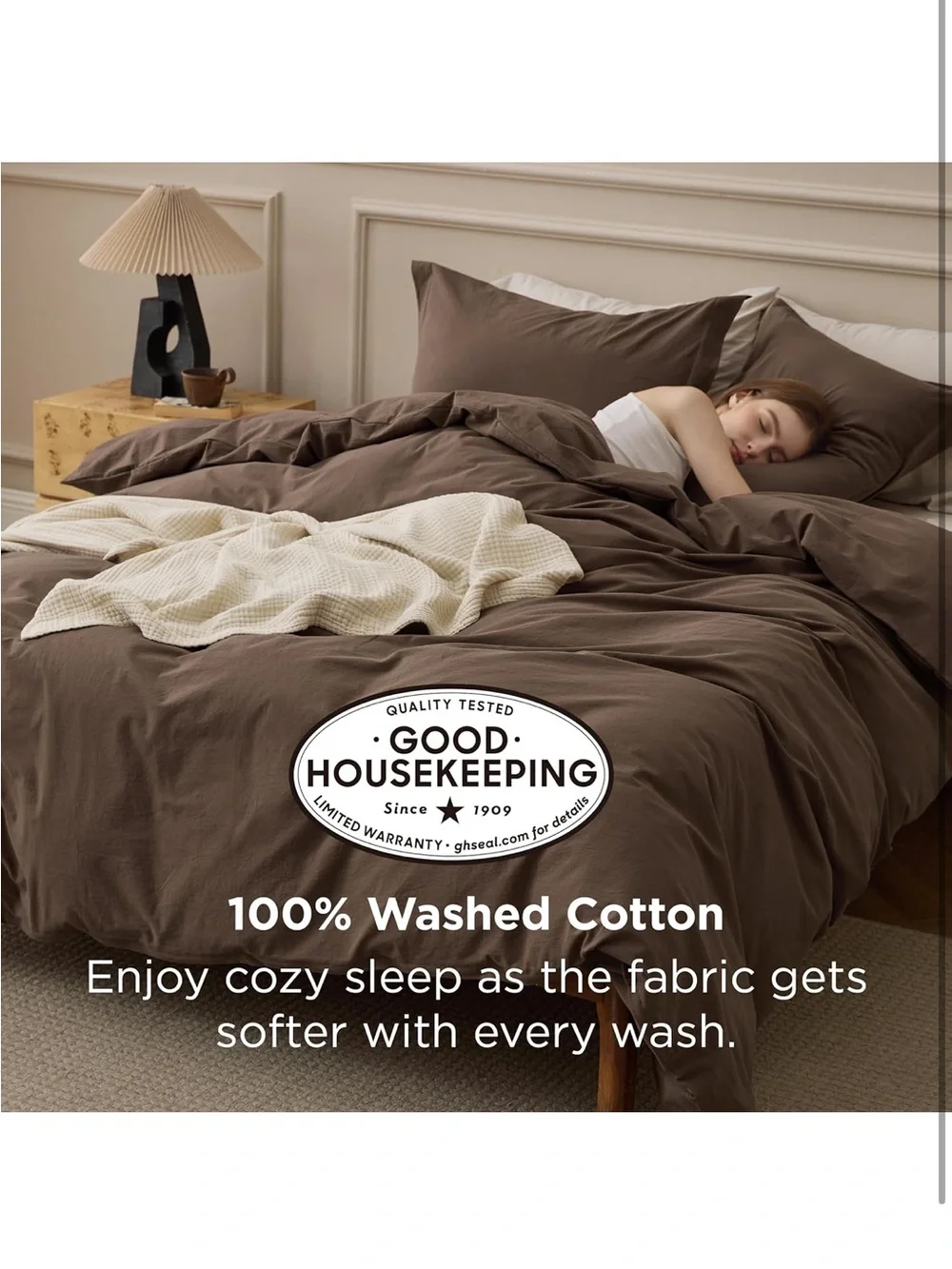 NEW Bedsure 100% Washed Cotton Duvet Cover Set Oversized King - Brown Minimalist